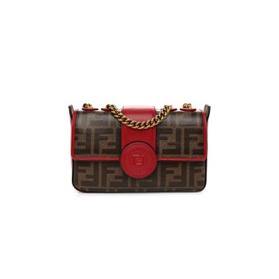 FENDI GLAZED FABRIC VITELLO CENTURY FF 1974 STAMP PATCH MINI DOUBLE F CROSSBODY BAG MOGANO PANNA FRAGOLA (19*13*4cm) 